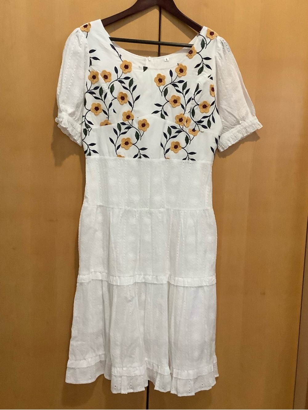Unknown off White Midi Dress with Yellow Floral Embroidery / large